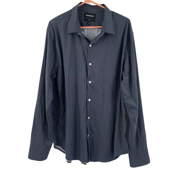 BONOBOS Button Down Shirt Sim Fit Size XL Navy Blue Dots Spandex Stretch Office - Picture 1 of 12